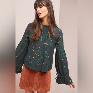 Anthropologie Ranna Gill Egret-Embroidered Top